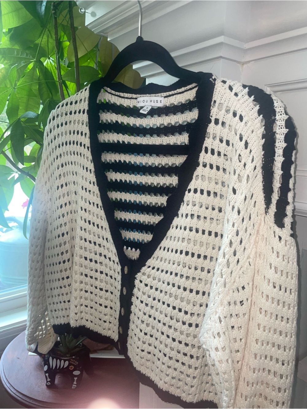 Cream Crochet Cardigan with Black Trim